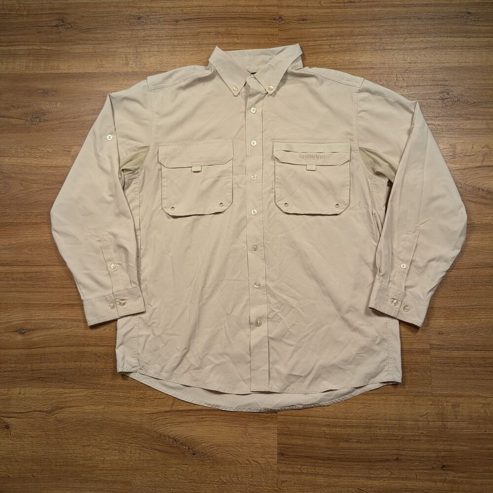 Shimano Vented Fishing Shirt Mens XL Beige Long Sleeve Mesh Pocket Button